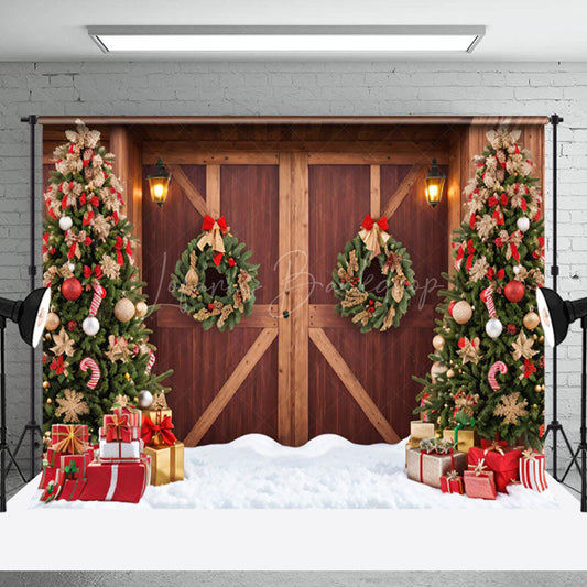 Lofaris Night Wooden Barn Door Xmas Tree Christmas Backdrop