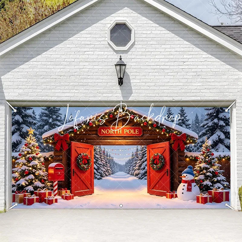 Lofaris North Pole Christmas Snowy Archway Garage Door Banner Festive Winter Wonderland Holiday Decor with Snowman and Gifts