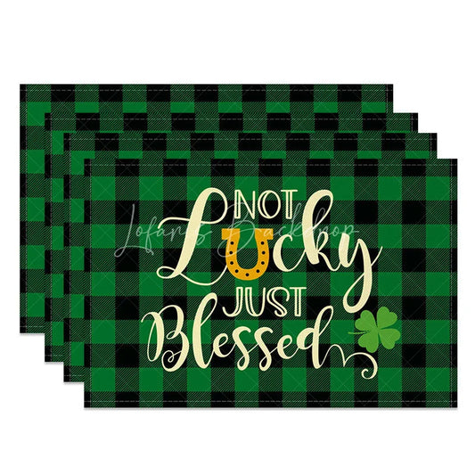 Lofaris Not Lucky Just Blessed Set of 4 Placemats St. Patricks Day Golden Horseshoe Green Plaid Table Mats