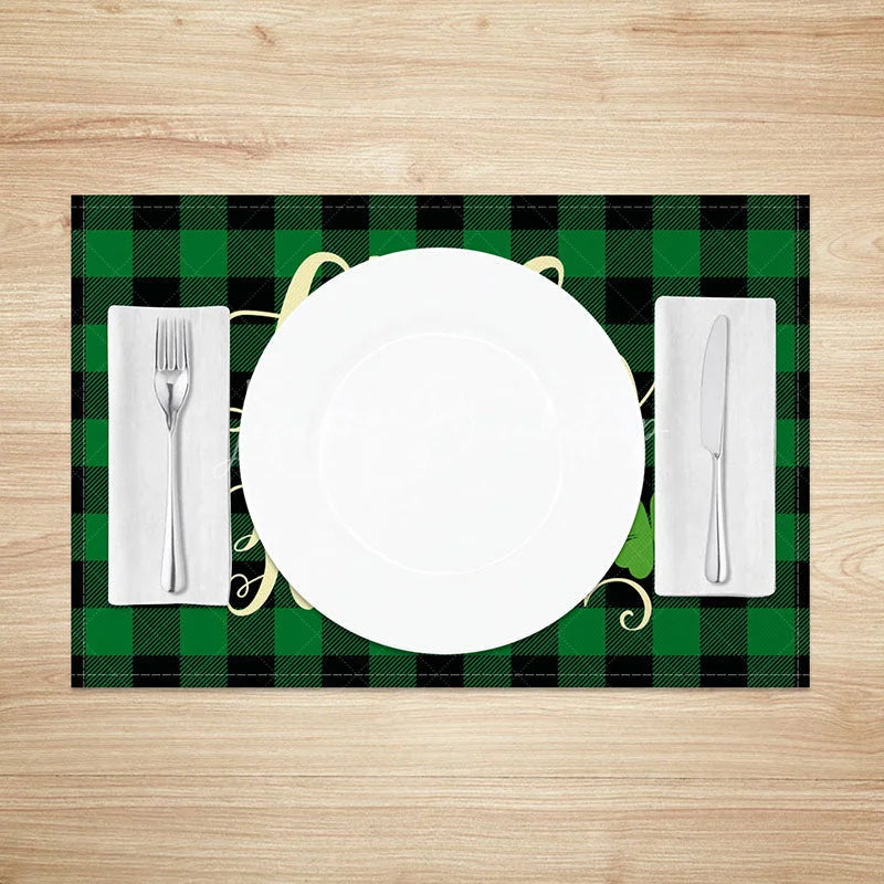 Lofaris Not Lucky Just Blessed Set of 4 Placemats St. Patricks Day Golden Horseshoe Green Plaid Table Mats