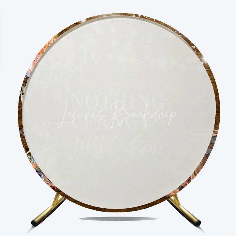 Lofaris Nothing Fancy Just Love Round Backdrop Rustic Wood Western Wedding Cowboy Boots and String Lights Decor