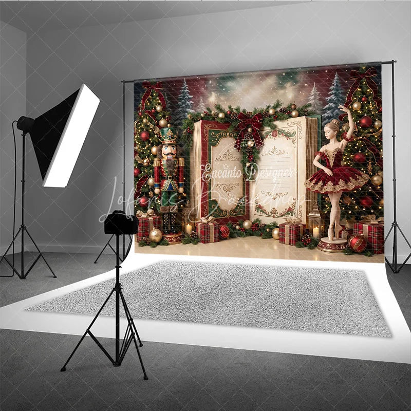 Lofaris Nutcracker Ballerina Christmas Holiday Backdrop with Decorated Trees Festive Gifts and Open Storybook