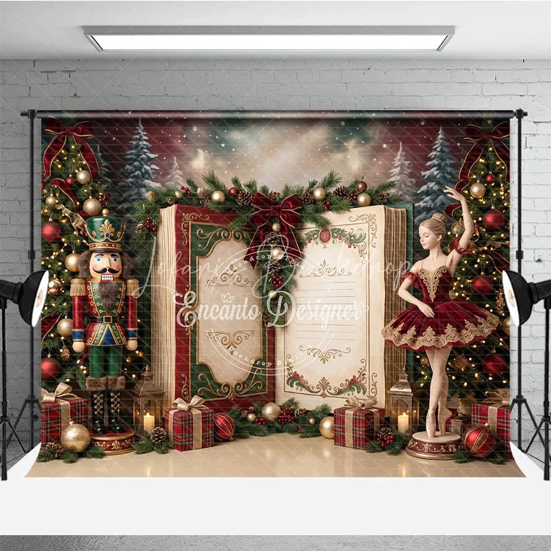 Lofaris Nutcracker Ballerina Christmas Holiday Backdrop with Decorated Trees Festive Gifts and Open Storybook