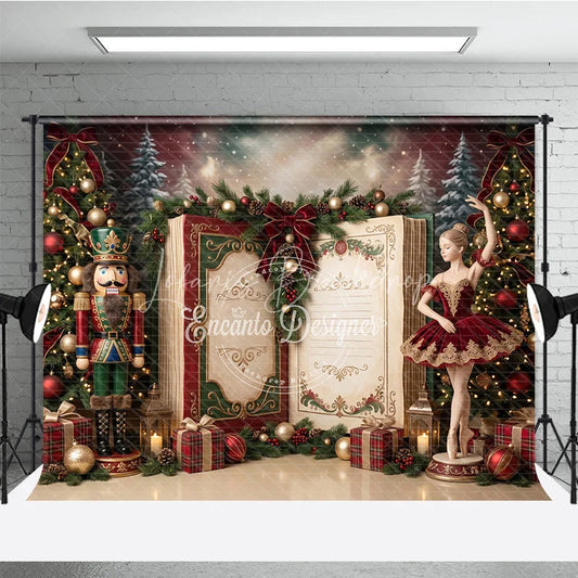 Lofaris Nutcracker Ballerina Christmas Holiday Backdrop with Decorated Trees Festive Gifts and Open Storybook