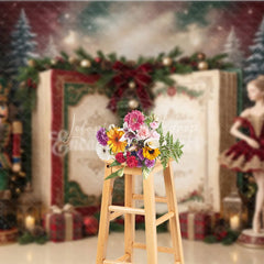 Lofaris Nutcracker Ballerina Christmas Holiday Backdrop with Decorated Trees Festive Gifts and Open Storybook