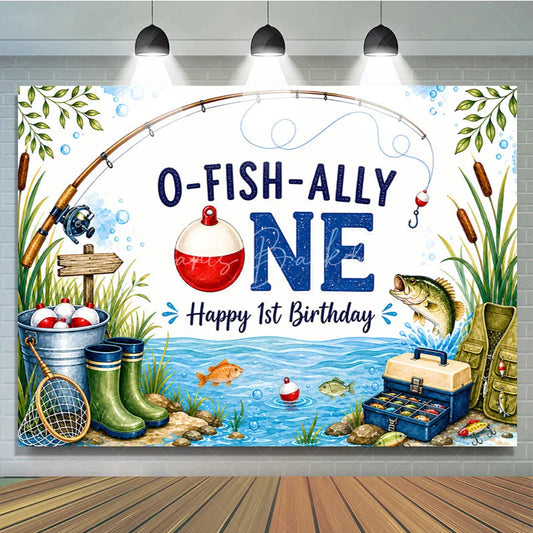Lofaris O-FISH-ALLY ONE Fishing 1st Birthday Backdrop Rod and Tackle Box Happy First Party Decor