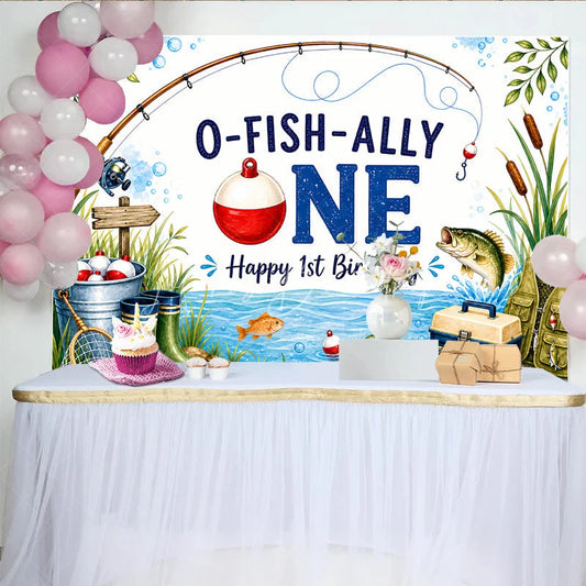 Lofaris O-FISH-ALLY ONE Fishing 1st Birthday Backdrop Rod and Tackle Box Happy First Party Decor