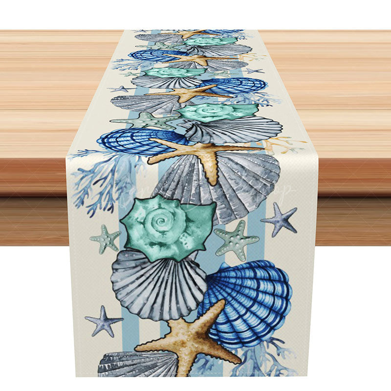 Lofaris Ocean Blue Table Runner with Starfish and Coral Nautical Beach House Decor Under the Sea Themed Kitchen Linen