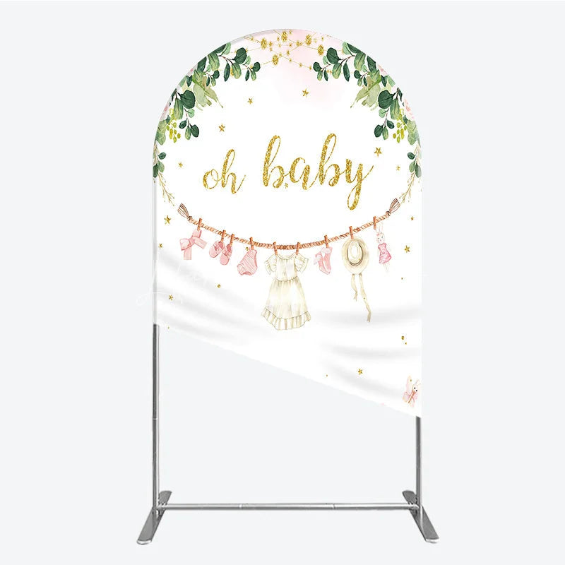 Lofaris Oh Baby Clothesline Arch Backdrop for Shower Whimsical Pink and Gold with Fairytale Village Girl Party Decor