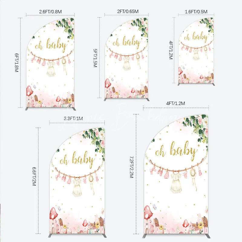 Lofaris Oh Baby Clothesline Half Moon Arch Backdrop for Shower Whimsical Pink and Gold with Fairytale Village Girl Party Decor