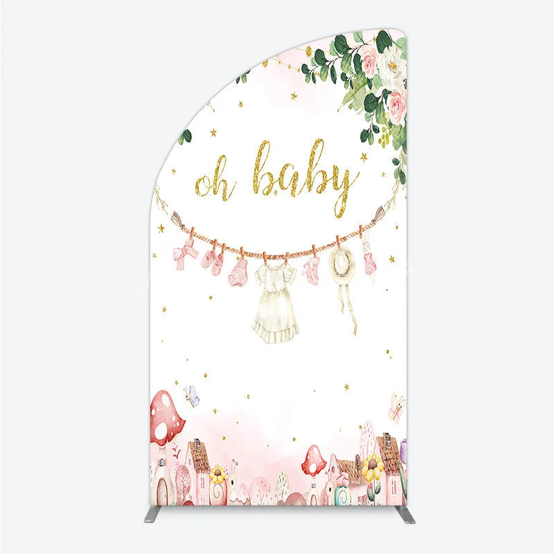 Lofaris Oh Baby Clothesline Half Moon Arch Backdrop for Shower Whimsical Pink and Gold with Fairytale Village Girl Party Decor