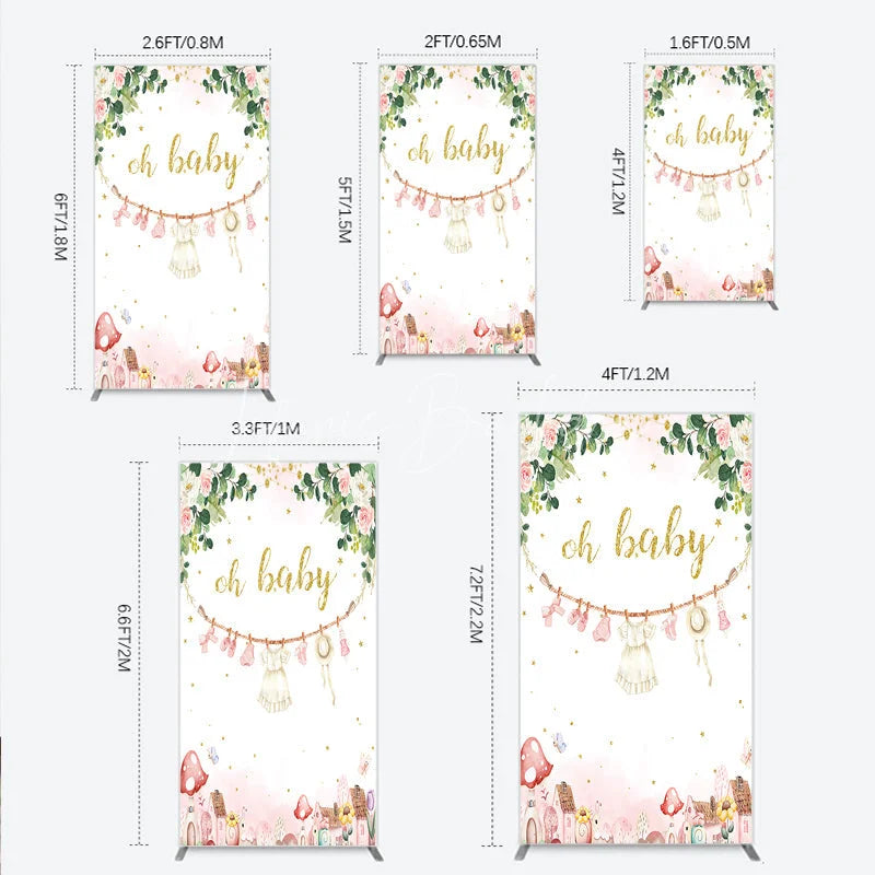 Lofaris Oh Baby Clothesline Rectangle Backdrop for Shower Whimsical Pink and Gold with Fairytale Village Girl Party Decor