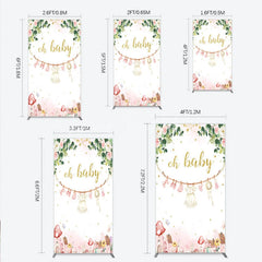 Lofaris Oh Baby Clothesline Rectangle Backdrop for Shower Whimsical Pink and Gold with Fairytale Village Girl Party Decor