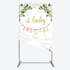 Lofaris Oh Baby Clothesline Rectangle Backdrop for Shower Whimsical Pink and Gold with Fairytale Village Girl Party Decor