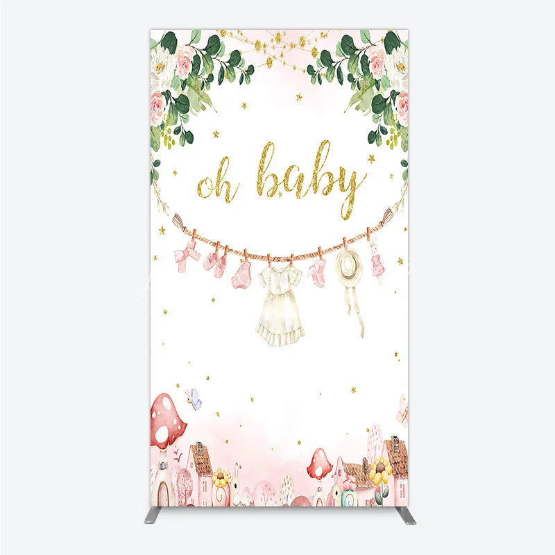 Lofaris Oh Baby Clothesline Rectangle Backdrop for Shower Whimsical Pink and Gold with Fairytale Village Girl Party Decor