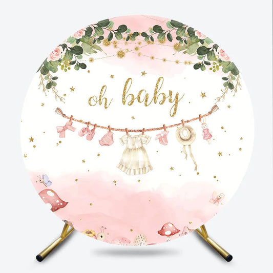 Lofaris Oh Baby Clothesline Round Backdrop for Shower Boho Floral with Pink and Gold Girl Party Photo Booth Decor