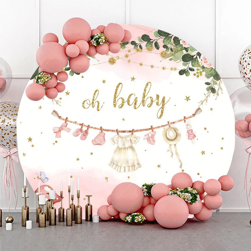 Lofaris Oh Baby Clothesline Round Backdrop for Shower Boho Floral with Pink and Gold Girl Party Photo Booth Decor