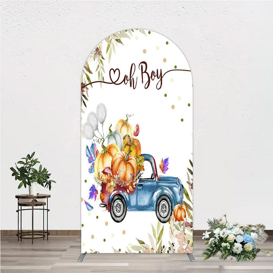 Lofaris Oh Boy Blue Truck Arch Backdrop for Baby Shower Rustic Autumn Pumpkin Theme Fall Party Photo Booth Decor