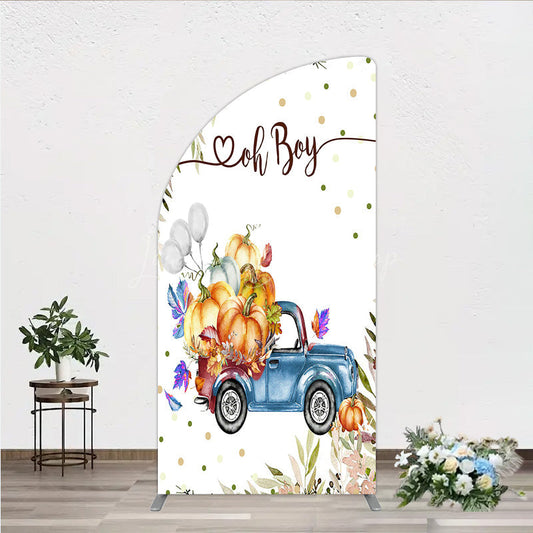 Lofaris Oh Boy Blue Truck Half Moon Arch Backdrop for Baby Shower Rustic Autumn Pumpkin Theme Fall Party Photo Booth Decor
