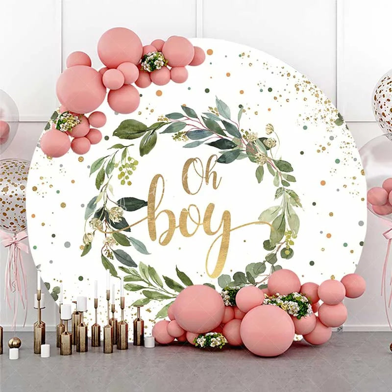 Lofaris Oh Boy Greenery Wreath Round Backdrop Eucalyptus Leaves and Gold Glitter Baby Shower Background