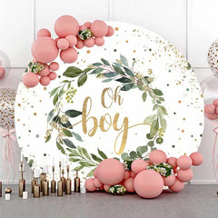 Lofaris Oh Boy Greenery Wreath Round Backdrop Eucalyptus Leaves and Gold Glitter Baby Shower Background