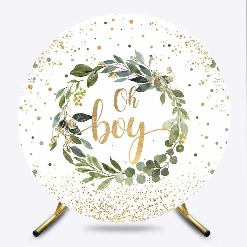 Lofaris Oh Boy Greenery Wreath Round Backdrop Eucalyptus Leaves and Gold Glitter Baby Shower Background