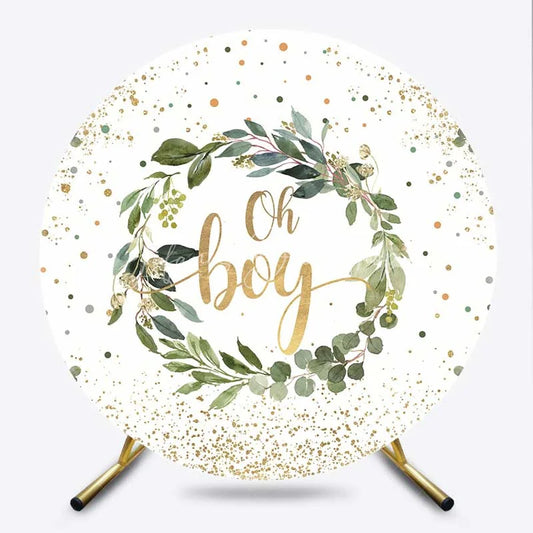 Lofaris Oh Boy Greenery Wreath Round Backdrop Eucalyptus Leaves and Gold Glitter Baby Shower Background