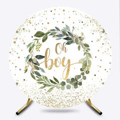 Lofaris Oh Boy Greenery Wreath Round Backdrop Eucalyptus Leaves and Gold Glitter Baby Shower Background