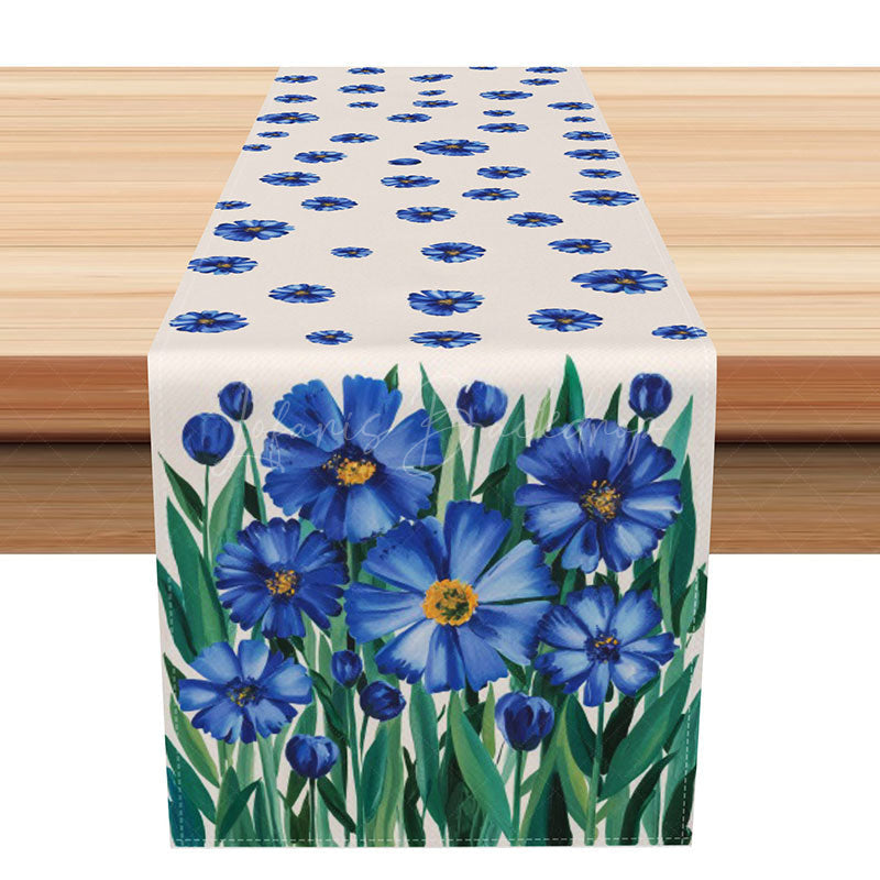 Lofaris Oil Painting Style Table Runner with Blue Floral and Plant Pattern for Artistic Elegant Dining Decor