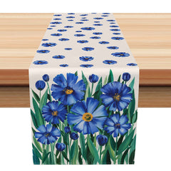 Lofaris Oil Painting Style Table Runner with Blue Floral and Plant Pattern for Artistic Elegant Dining Decor
