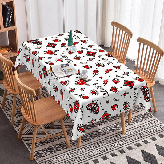 Lofaris Old School Tattoo Flash Rectangle Tablecloth Retro Dagger Heart Moth Edgy Valentine Kitchen Dining Decor