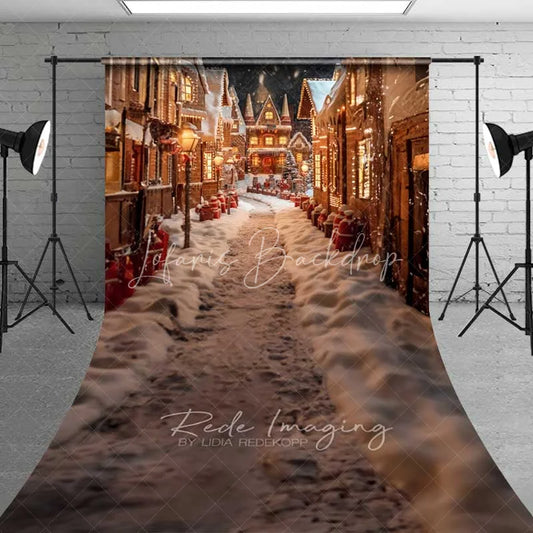 Lofaris Old Town Christmas Village Sweep Backdrop Snowy Street Lit Houses Night Scenery Photo Background