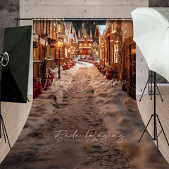 Lofaris Old Town Christmas Village Sweep Backdrop Snowy Street Lit Houses Night Scenery Photo Background