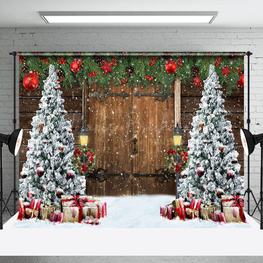 Lofaris Old Wooden Door Christmas Tree Festive Photo Backdrop