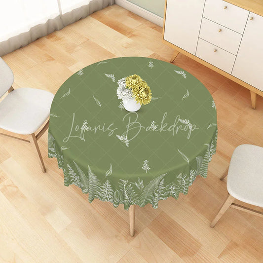 Lofaris Olive Green Round Tablecloth with White Botanical Fern Pattern Scalloped Edge Home Dining Decor