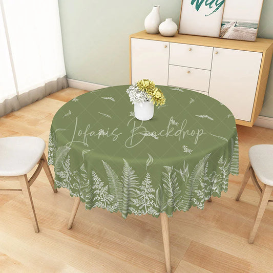 Lofaris Olive Green Round Tablecloth with White Botanical Fern Pattern Scalloped Edge Home Dining Decor