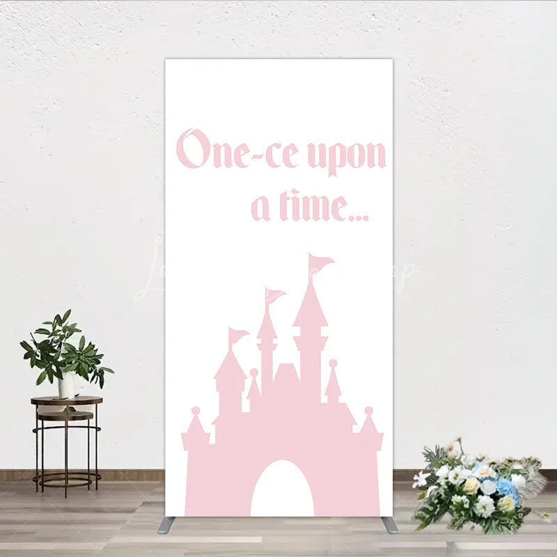 Lofaris Once Upon a Time Princess Rectangle Backdrop Pink Fairytale Castle Silhouette First Birthday or Baby Shower Party Decor