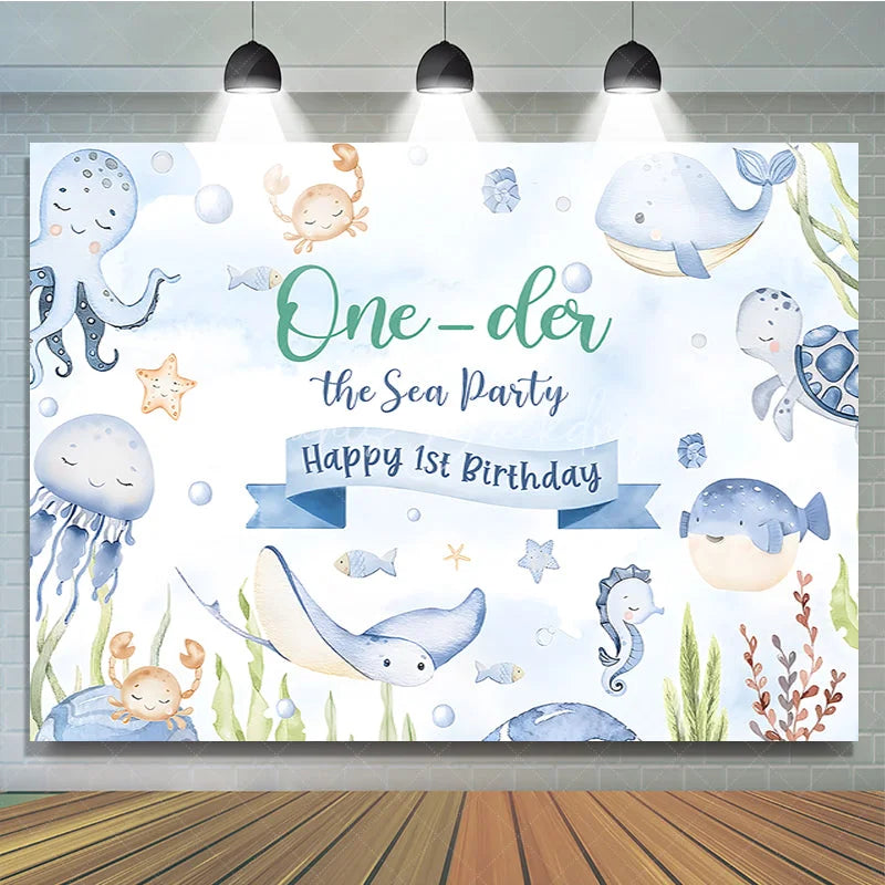 Lofaris One-der the Sea 1st Birthday Backdrop for Boy or Girl Cute Ocean Animals Party Under Photo Booth Decor