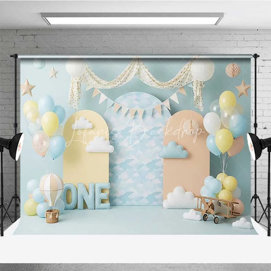 Lofaris One Happy Birthday Backdrop Hot Air Balloon Clouds Pilot Photography Background 1st Cake Smash Prop