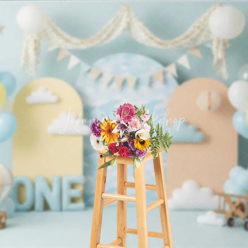 Lofaris One Happy Birthday Backdrop Hot Air Balloon Clouds Pilot Photography Background 1st Cake Smash Prop