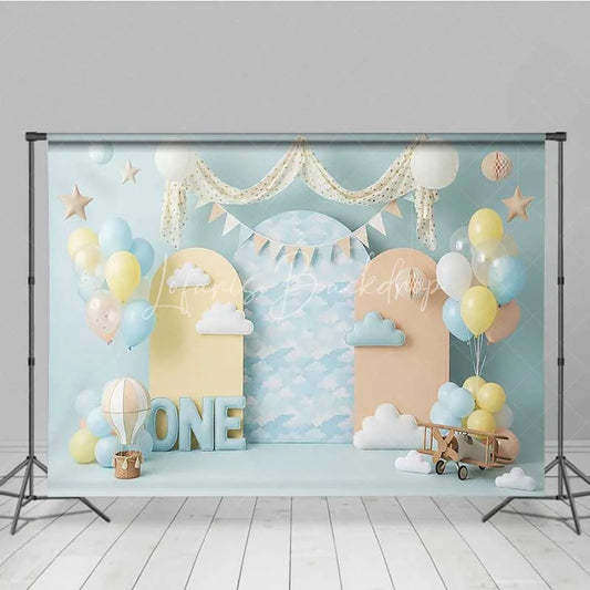 Lofaris One Happy Birthday Backdrop Hot Air Balloon Clouds Pilot Photography Background 1st Cake Smash Prop