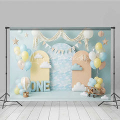 Lofaris One Happy Birthday Backdrop Hot Air Balloon Clouds Pilot Photography Background 1st Cake Smash Prop