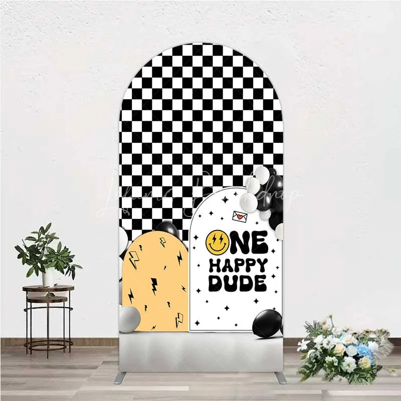 Lofaris One Happy Dude 1st Birthday Arch Backdrop Black and White Checkered with Smile Face Background Boys Party Decoration