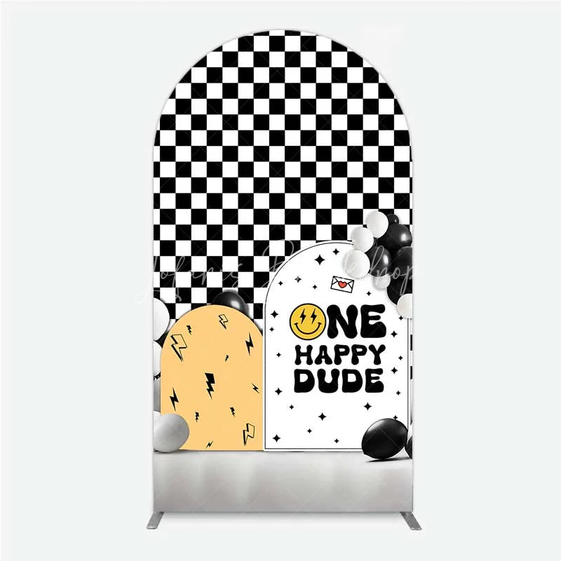 Lofaris One Happy Dude 1st Birthday Arch Backdrop Black and White Checkered with Smile Face Background Boys Party Decoration