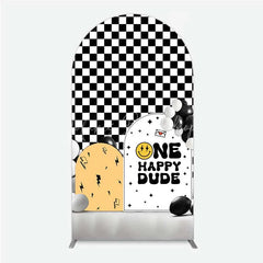 Lofaris One Happy Dude 1st Birthday Arch Backdrop Black and White Checkered with Smile Face Background Boys Party Decoration