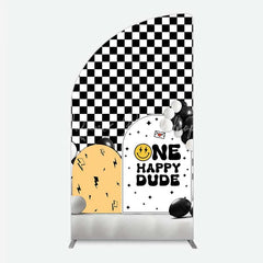 Lofaris One Happy Dude 1st Birthday Half Moon Arch Backdrop Black and White Checkered with Smile Face Background Boys Party Decoration