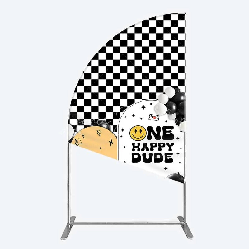 Lofaris One Happy Dude 1st Birthday Half Moon Arch Backdrop Black and White Checkered with Smile Face Background Boys Party Decoration