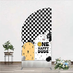 Lofaris One Happy Dude 1st Birthday Half Moon Arch Backdrop Black and White Checkered with Smile Face Background Boys Party Decoration