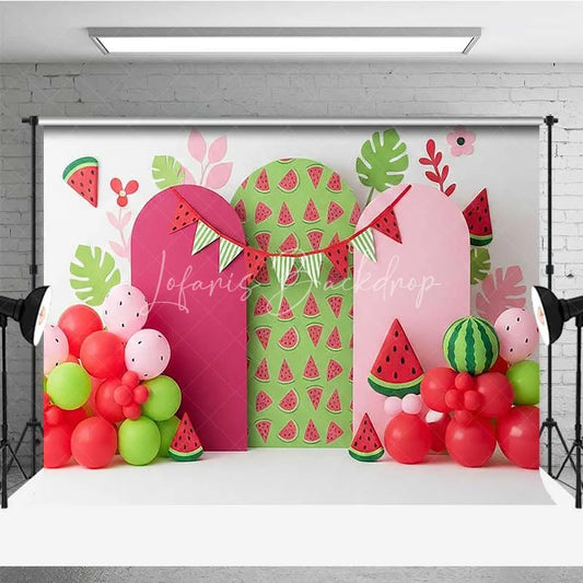 Lofaris One in a Melon Watermelon Photography Backdrop Pink and Green Fruit Party Banner