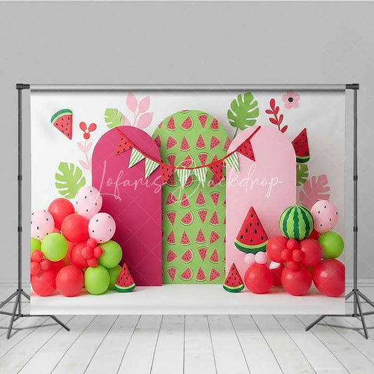 Lofaris One in a Melon Watermelon Photography Backdrop Pink and Green Fruit Party Banner